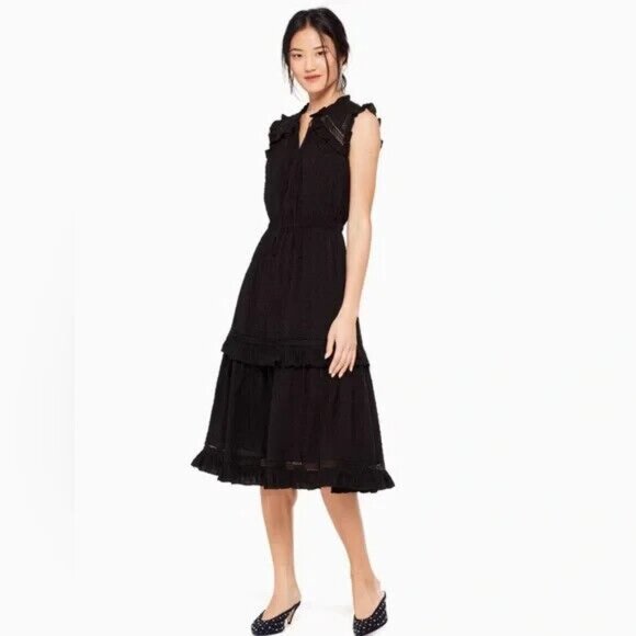 Kate Spade Dress Black Swiss Dot Sleeveless Midi Tie Neck NWT - Picture 2 of 12